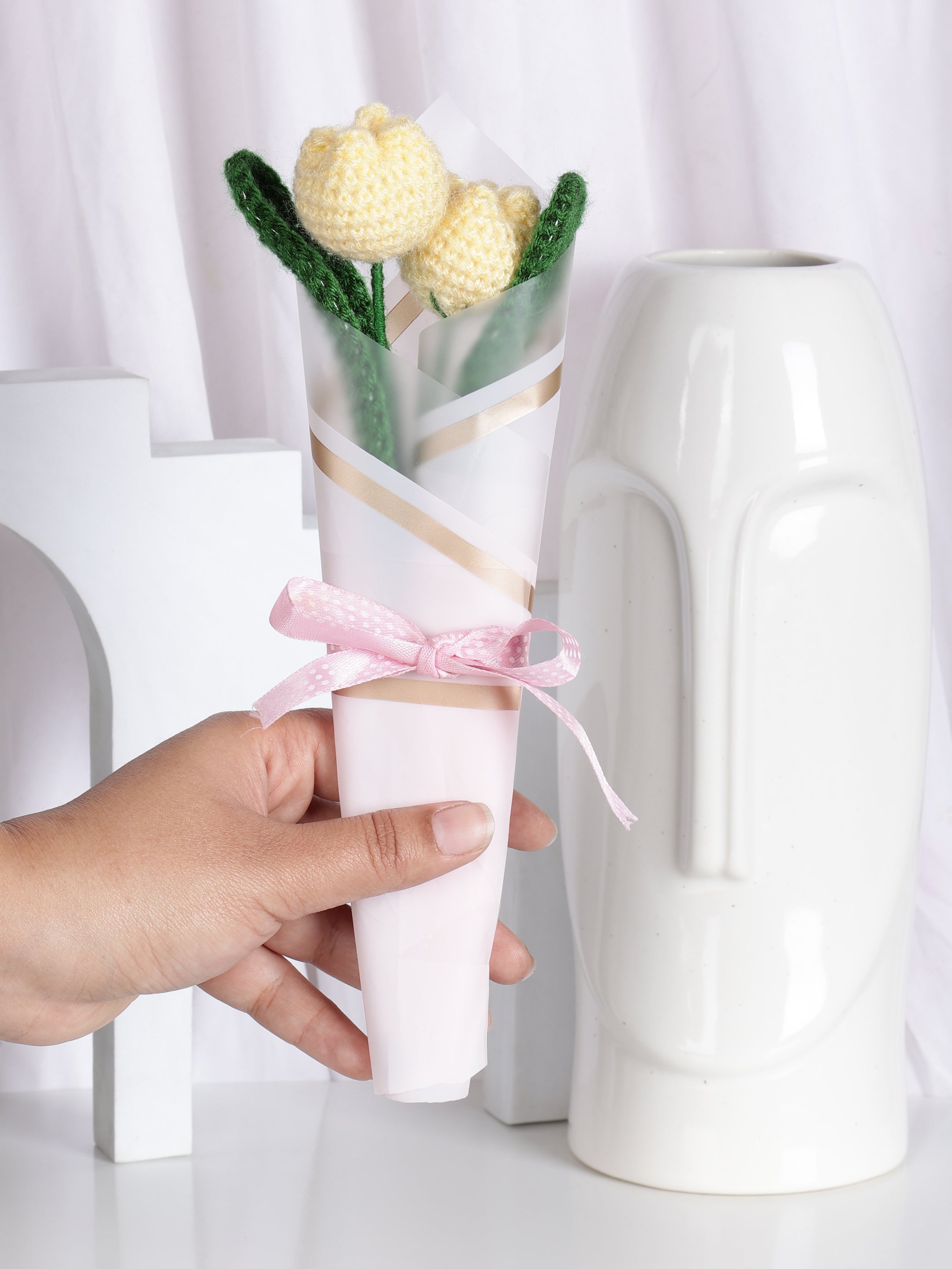 Crochet Handmade Yellow Tulip Bouquet- 2 steam