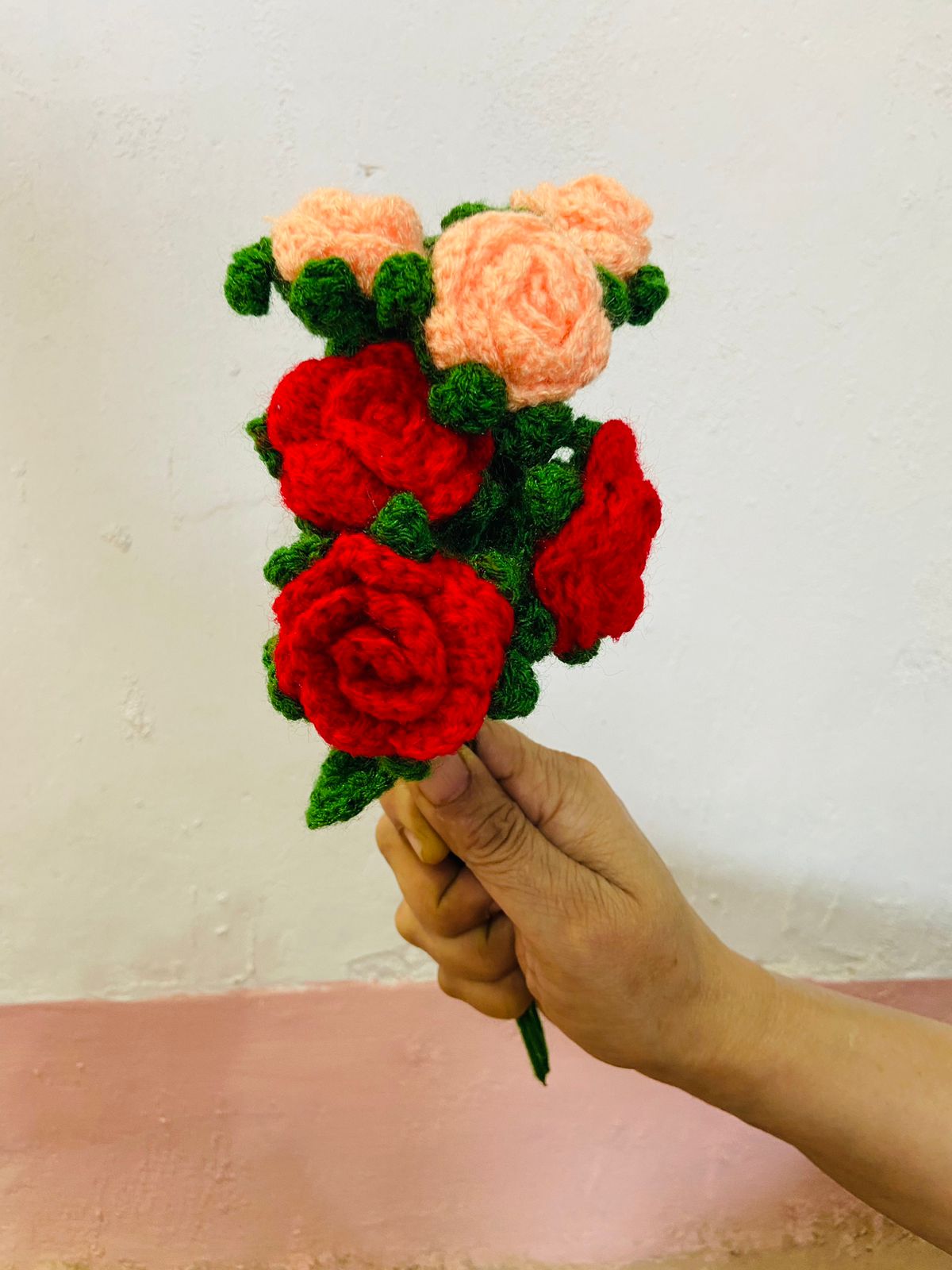 Handmade flower bunch- set of 3 peach rose and 3 red rose