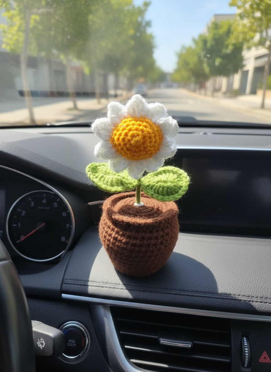 Crochet Handmade White Sunflower Pot (1 steam)