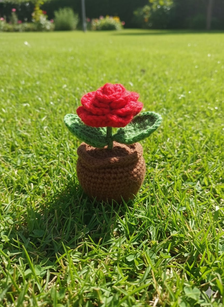 Crochet Handmade Red Rose Pot (1 steam)