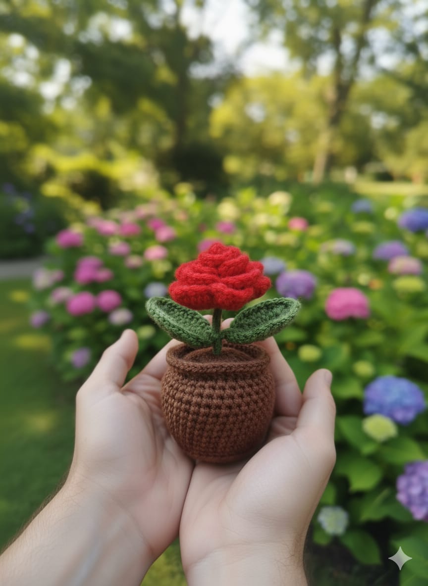 Crochet Handmade Red Rose Pot (1 steam)