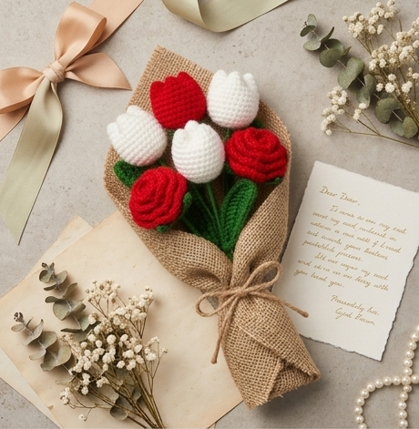 Handmade flower bouquet- Set of 3 red rose flower and 3 white tulip flower