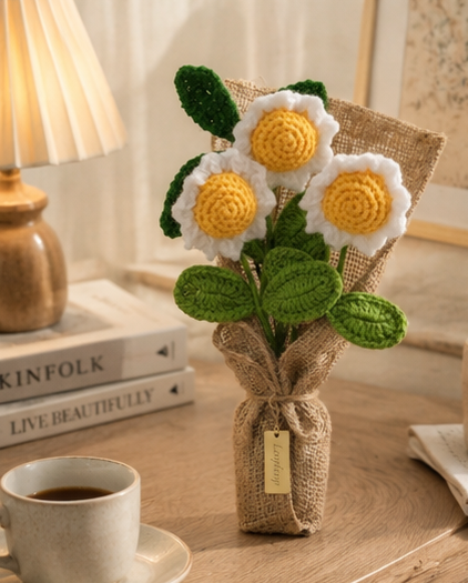 Crochet Handmade White Sunflower Bouquet - 4 steam