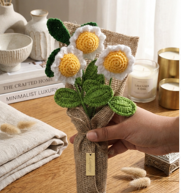 Crochet Handmade White Sunflower Bouquet - 4 steam