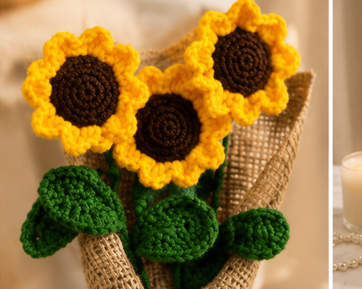 Crochet Handmade Yellow Sunflower Bouquet- 3 steam