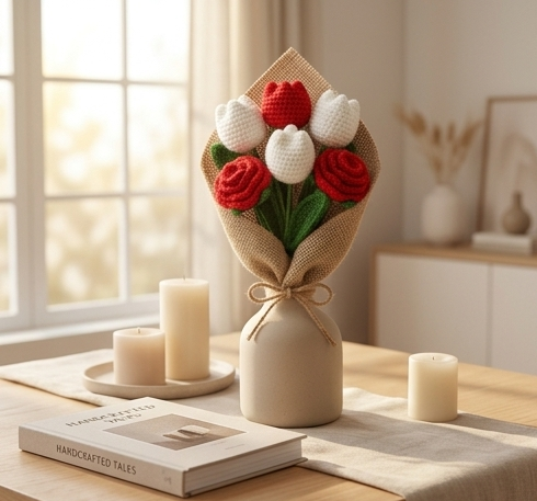Handmade flower bouquet- Set of 3 red rose flower and 3 white tulip flower
