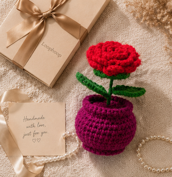 Crochet Handmade Red Rose Pot (1 steam)
