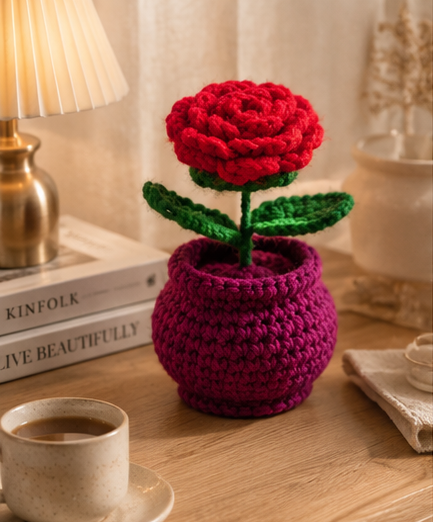 Crochet Handmade Red Rose Pot (1 steam)