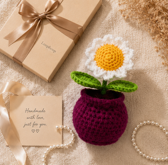 Crochet Handmade White Sunflower Pot (1 steam)