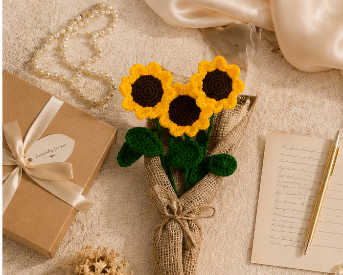 Crochet Handmade Yellow Sunflower Bouquet- 3 steam