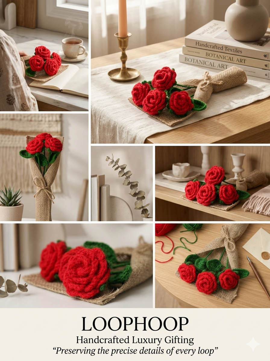Crochet Handmade Red Rose Bouquet- 3 steam