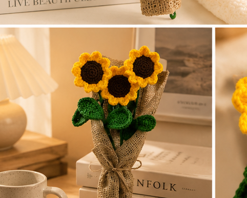 Crochet Handmade Yellow Sunflower Bouquet- 3 steam