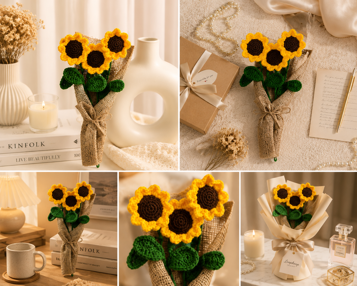 Crochet Handmade Yellow Sunflower Bouquet- 3 steam