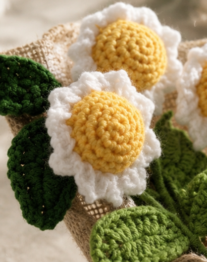 Crochet Handmade White Sunflower Bouquet - 4 steam