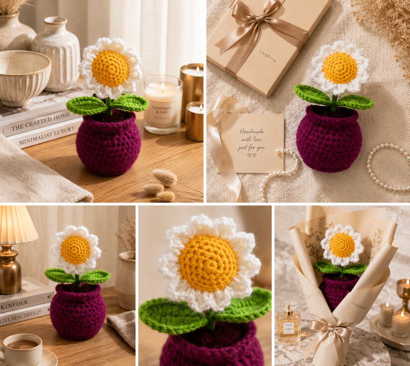 Crochet Handmade White Sunflower Pot (1 steam)