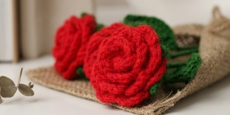 Crochet Handmade Red Rose Bouquet- 3 steam