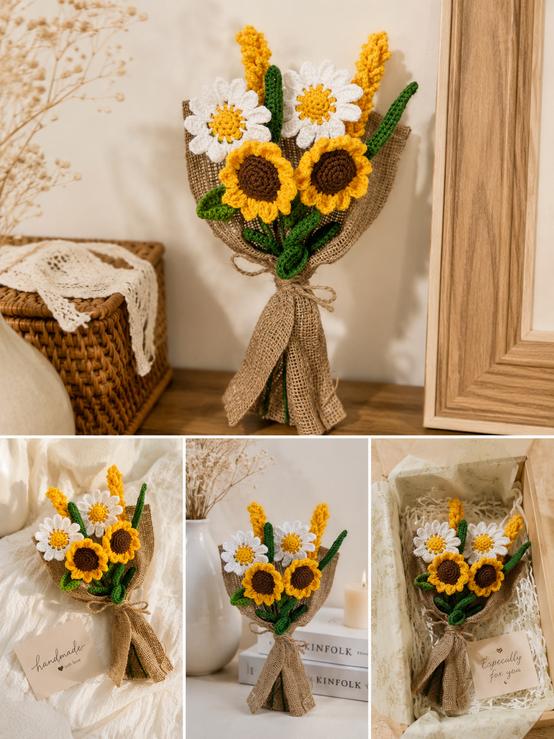 Handmade flower bouquet-Set of 2 Daisy flower, 2 sunflower and 2 yellow lavender