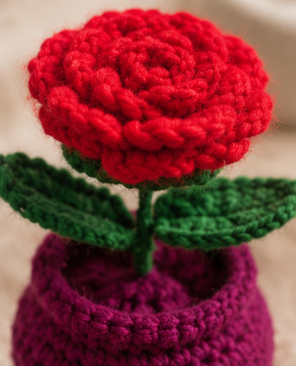 Crochet Handmade Red Rose Pot (1 steam)