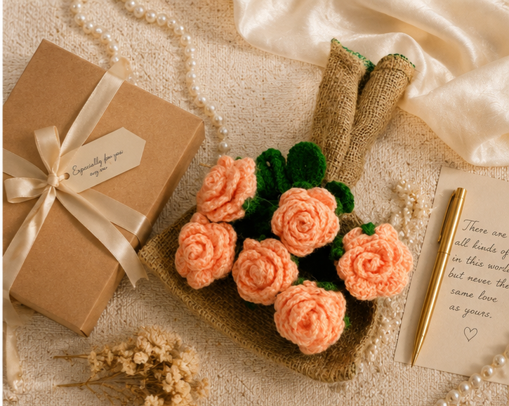 Floral Bliss Crochet Flower Peach Rose Bouquet (6 Steams)