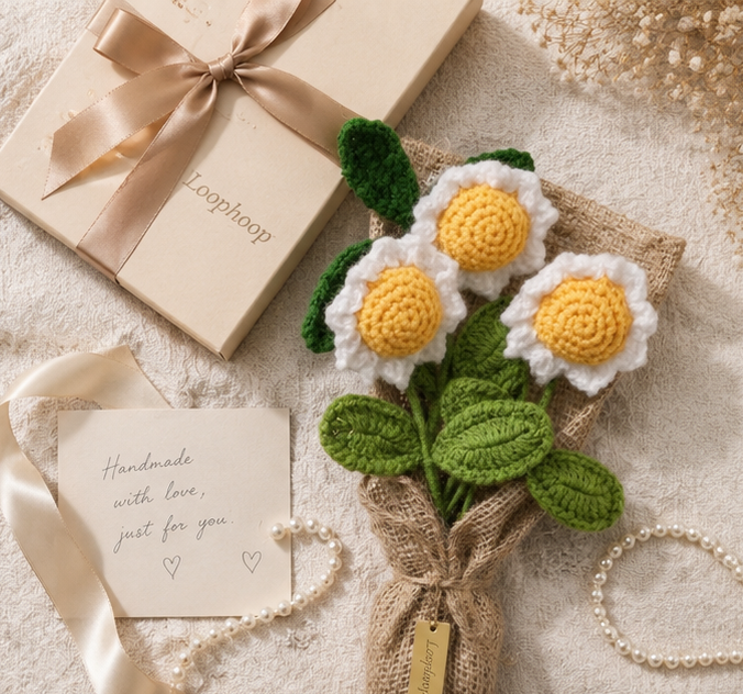 Crochet Handmade White Sunflower Bouquet - 4 steam