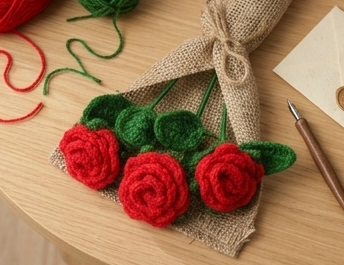 Crochet Handmade Red Rose Bouquet- 3 steam