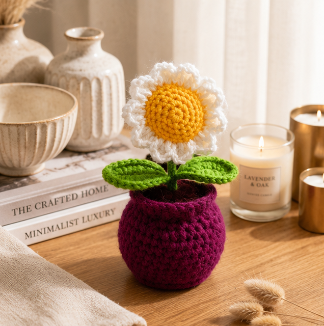 Crochet Handmade White Sunflower Pot (1 steam)