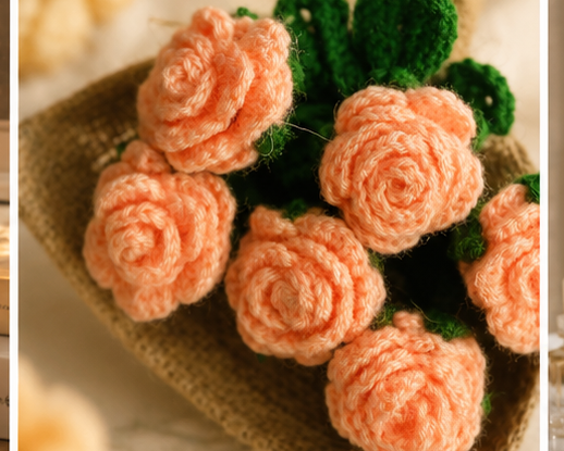 Floral Bliss Crochet Flower Peach Rose Bouquet (6 Steams)