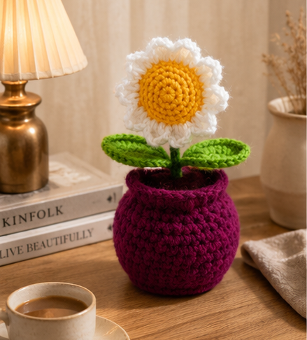 Crochet Handmade White Sunflower Pot (1 steam)